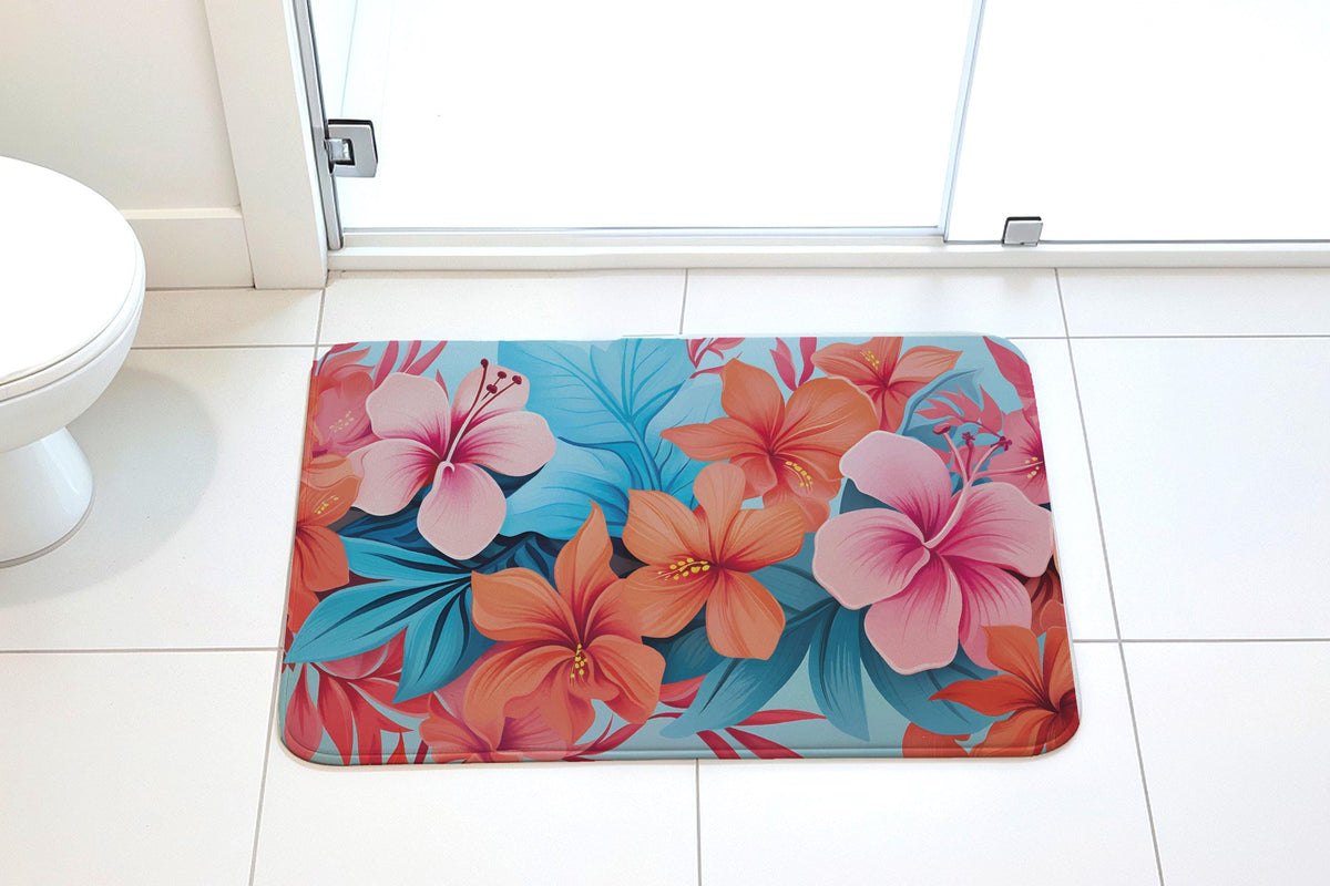 Hibiscus Flower Design Bath Mat, Floral Bathroom Rug, Summer Vibe Bathroom Decor