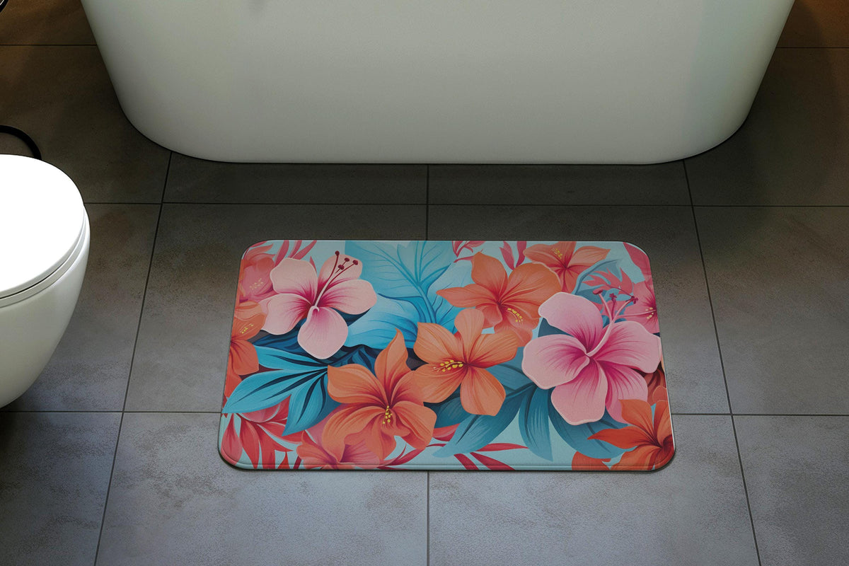 Hibiscus Flower Design Bath Mat, Floral Bathroom Rug, Summer Vibe Bathroom Decor