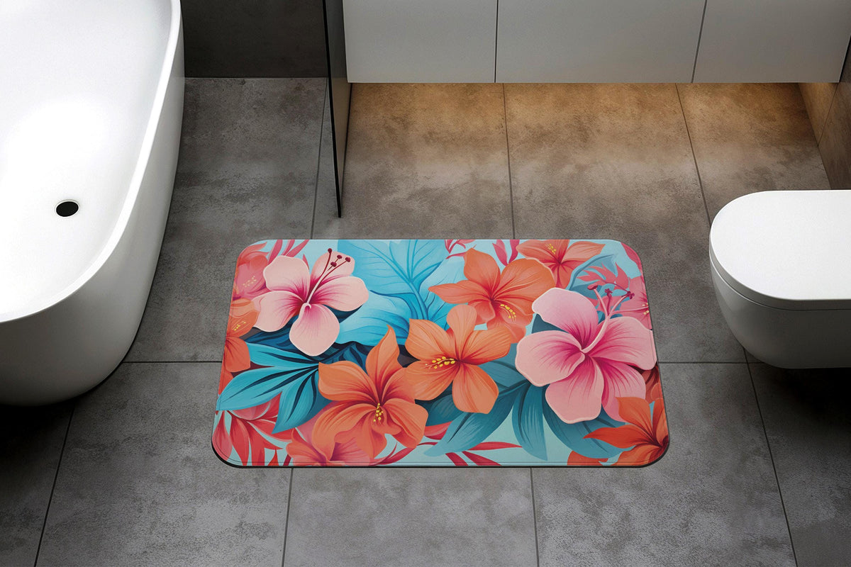 Hibiscus Flower Design Bath Mat, Floral Bathroom Rug, Summer Vibe Bathroom Decor