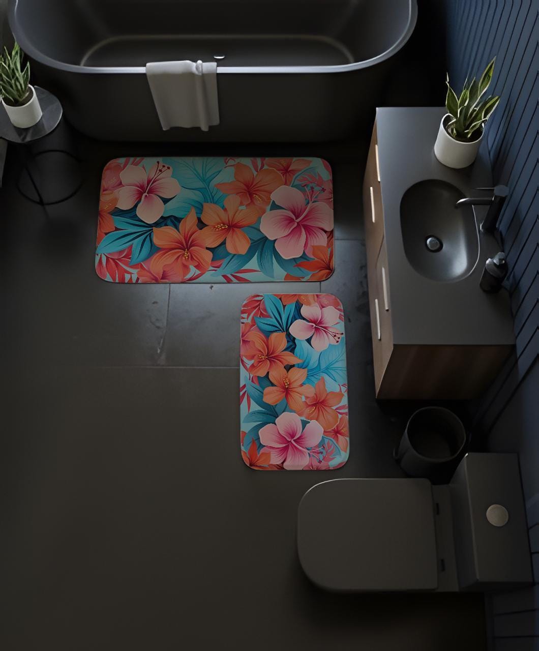 Hibiscus Flower Design Bath Mat, Floral Bathroom Rug, Summer Vibe Bathroom Decor