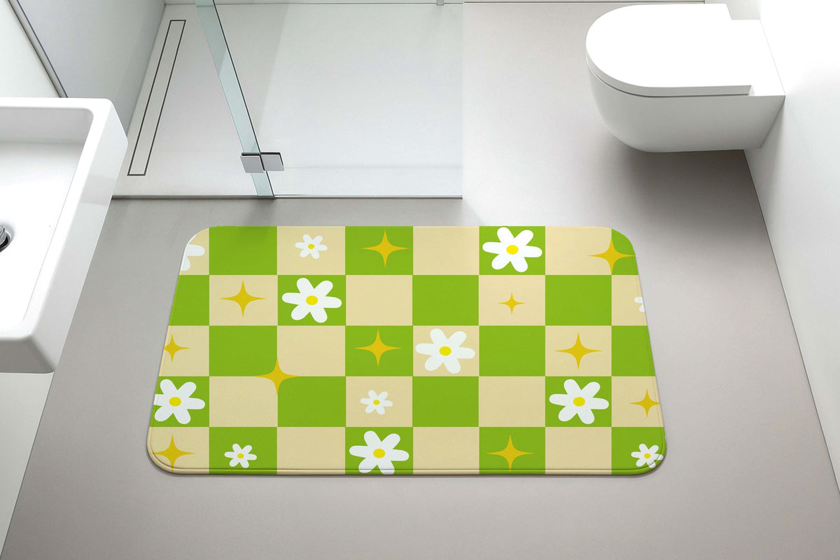 Green Checkerboard Bath Mat, Daisy Flower Bathroom Rug, Checkered Shower Mat