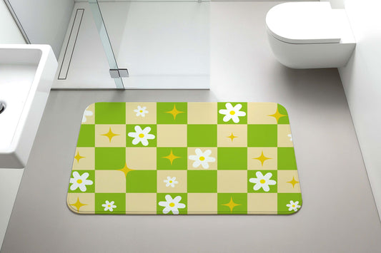 Green Checkerboard Bath Mat, Daisy Flower Bathroom Rug, Checkered Shower Mat