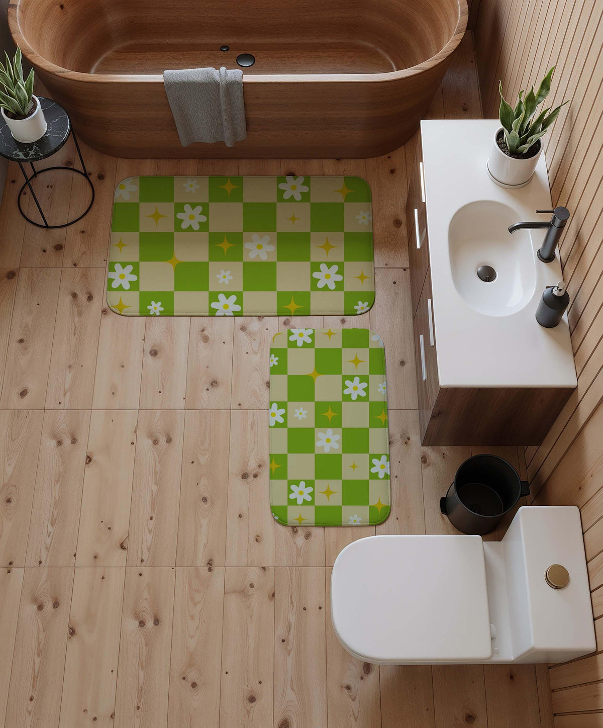 Green Checkerboard Bath Mat, Daisy Flower Bathroom Rug, Checkered Shower Mat