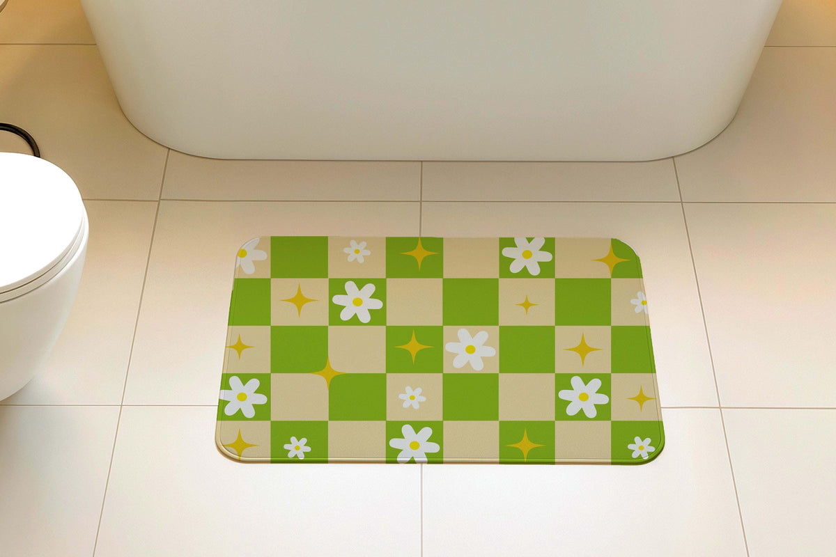 Green Checkerboard Bath Mat, Daisy Flower Bathroom Rug, Checkered Shower Mat
