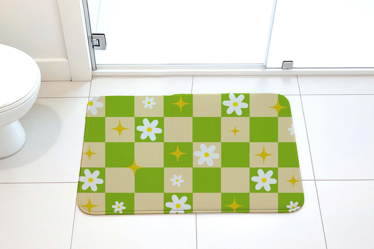 Green Checkerboard Bath Mat, Daisy Flower Bathroom Rug, Checkered Shower Mat