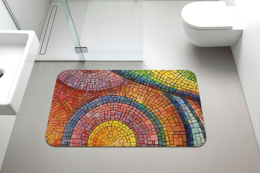 Abstract Rainbow Mosaic Design Bath Mat, Stained Glass Art Bathroom Rug