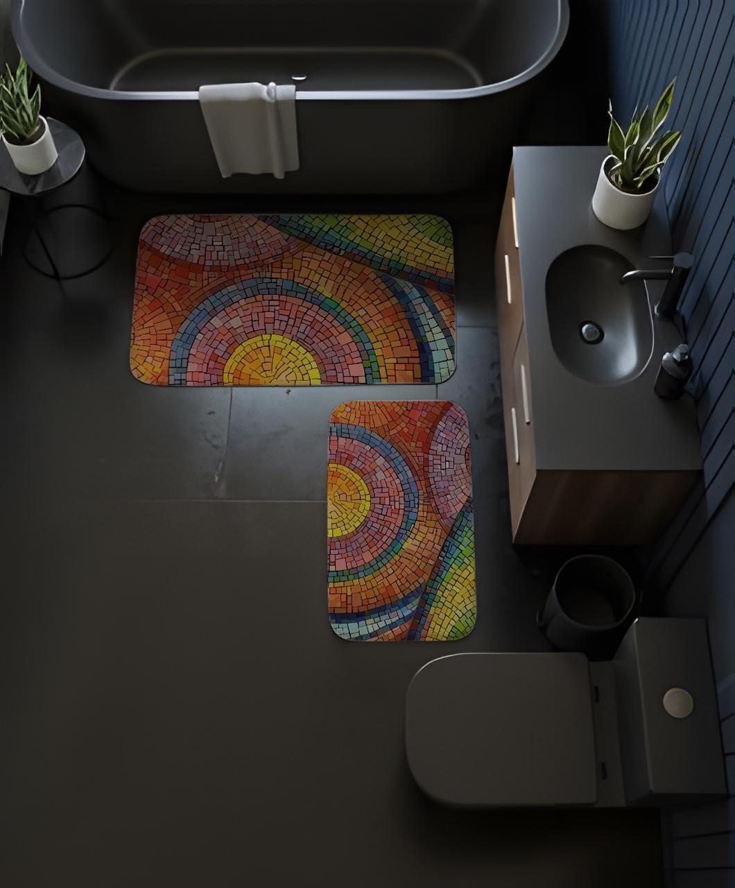Abstract Rainbow Mosaic Design Bath Mat, Stained Glass Art Bathroom Rug