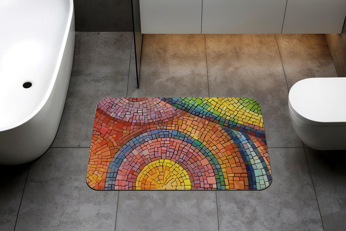 Abstract Rainbow Mosaic Design Bath Mat, Stained Glass Art Bathroom Rug