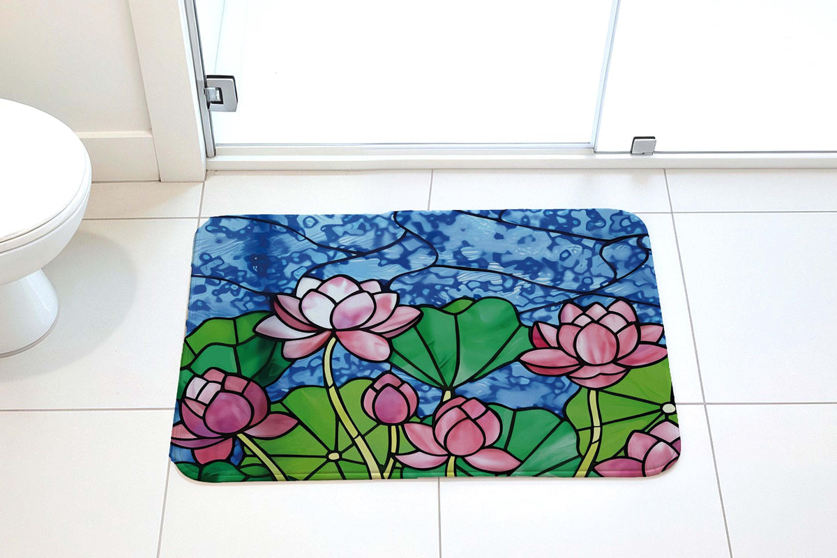 Stained Glass Look Lotus Bath Mat, ink Water Lily Mosaic Design Bathroom Rug