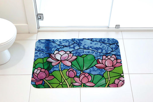 Stained Glass Look Lotus Bath Mat, ink Water Lily Mosaic Design Bathroom Rug