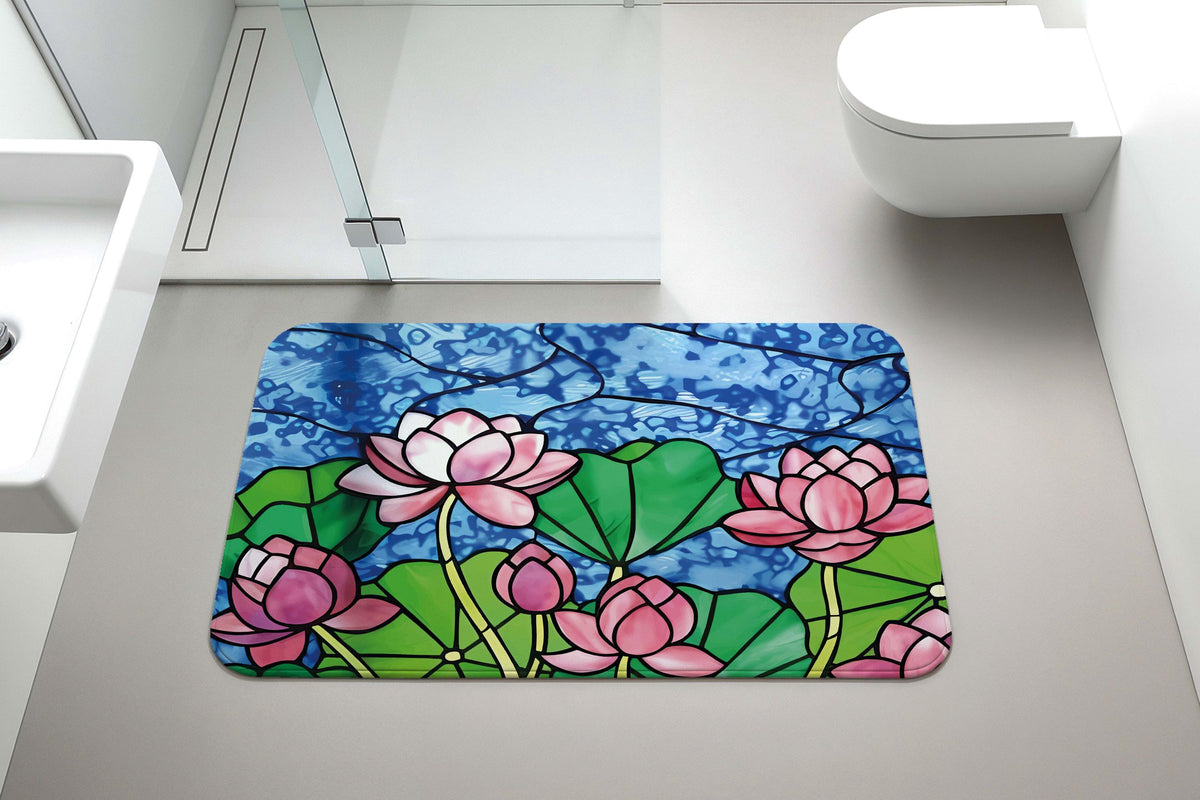Stained Glass Look Lotus Bath Mat, ink Water Lily Mosaic Design Bathroom Rug