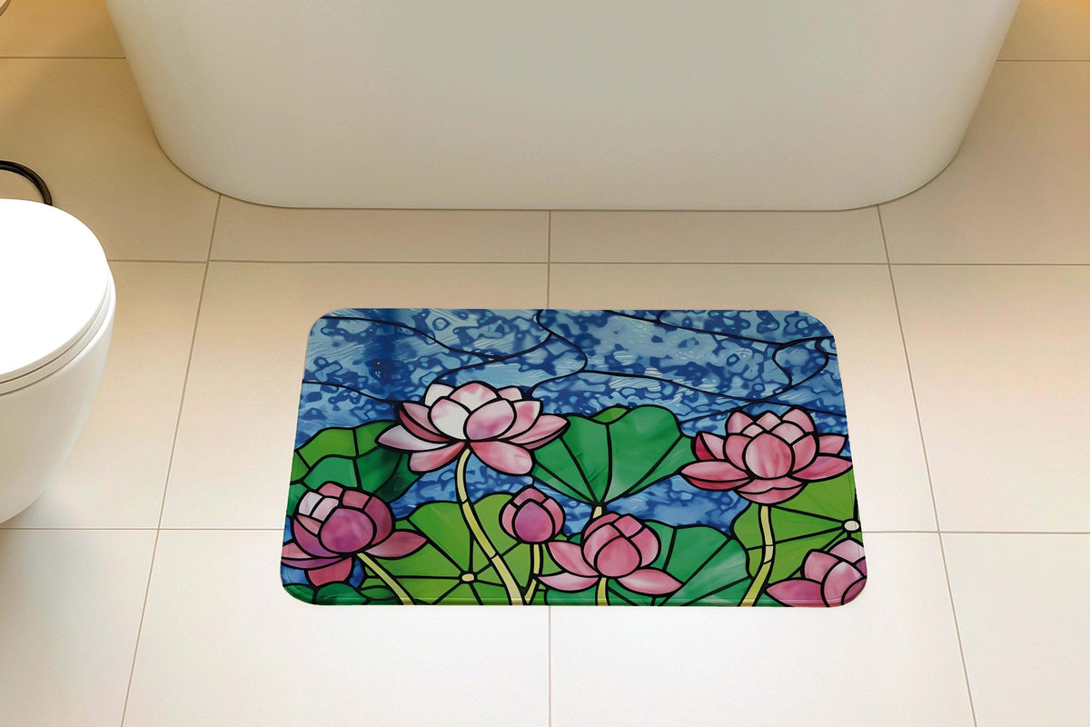 Stained Glass Look Lotus Bath Mat, ink Water Lily Mosaic Design Bathroom Rug
