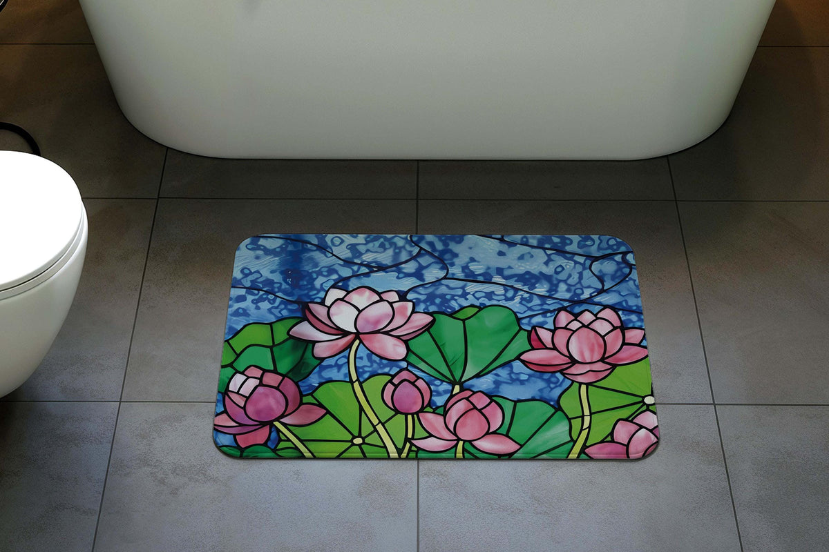 Stained Glass Look Lotus Bath Mat, ink Water Lily Mosaic Design Bathroom Rug