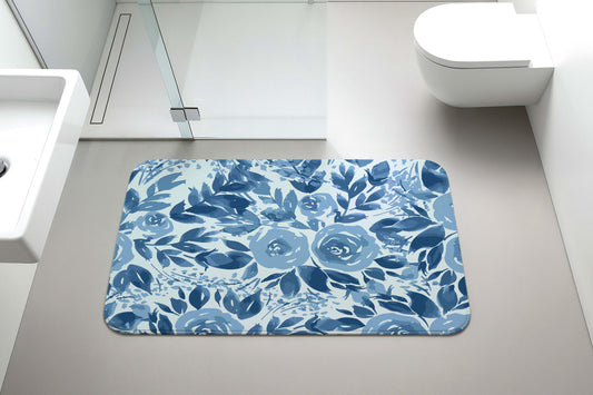 Blue Floral Bath Mat, Rustic Farmhouse Rose Bathroom Rug, Elegant Guest Bathroom Decor