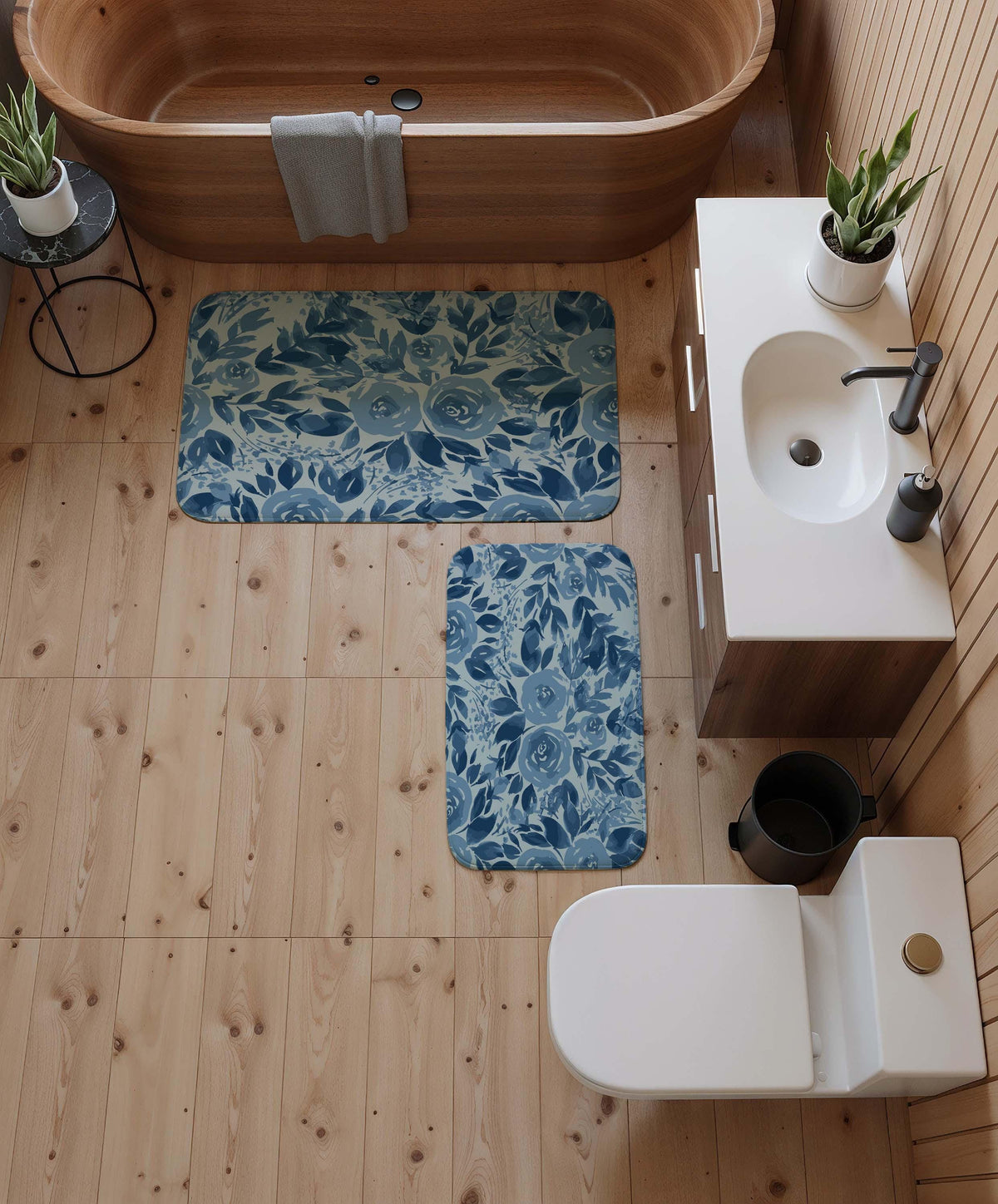 Blue Floral Bath Mat, Rustic Farmhouse Rose Bathroom Rug, Elegant Guest Bathroom Decor