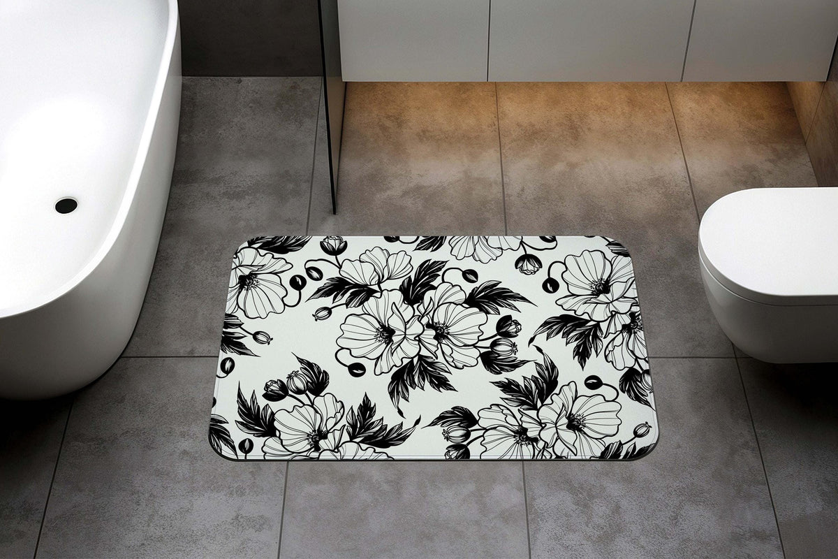 Black and White Floral Bath Mat, Contrast Botanical Sketch Bathroom Rug