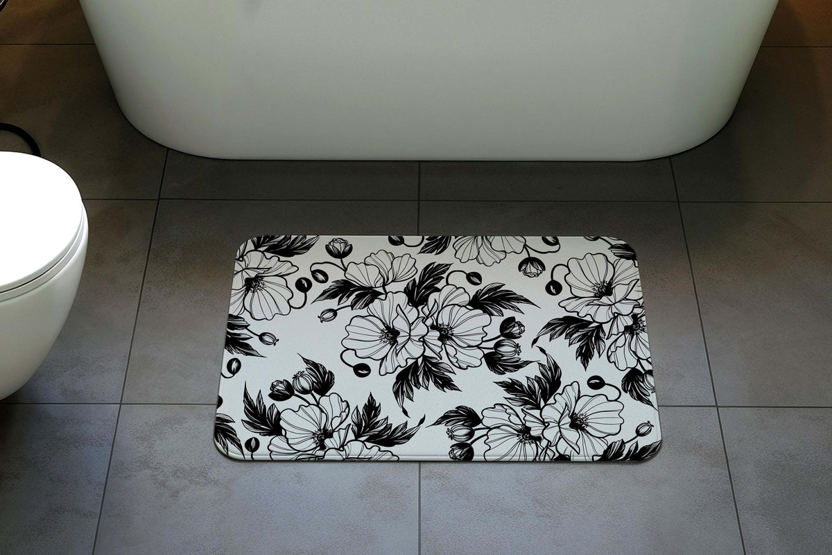 Black and White Floral Bath Mat, Contrast Botanical Sketch Bathroom Rug