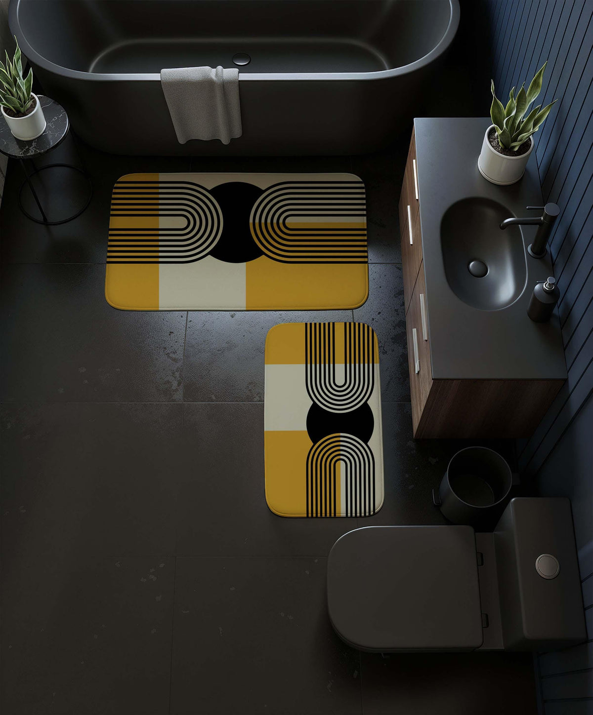 Mid Century Modern Bath Mat, Yellow & Black Geometric Bathroom Rug, Abstract Design Shower Mat