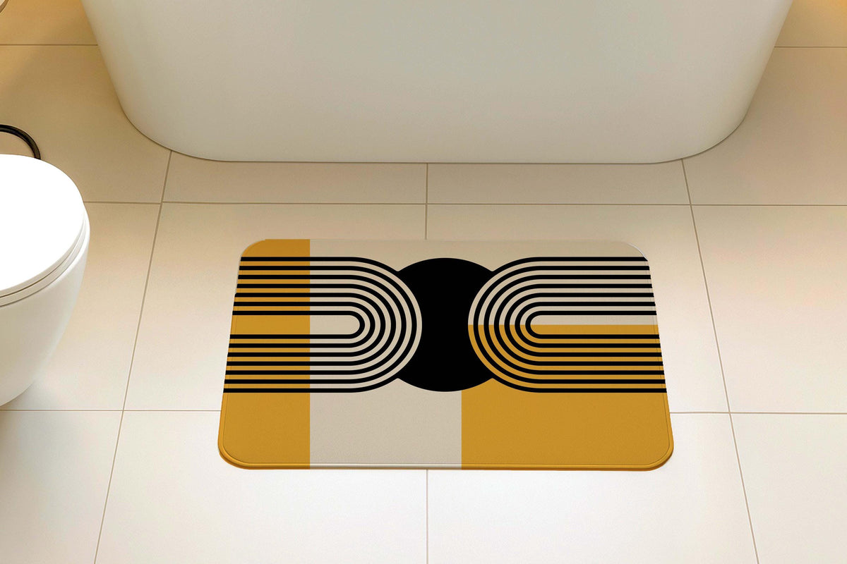 Mid Century Modern Bath Mat, Yellow & Black Geometric Bathroom Rug, Abstract Design Shower Mat