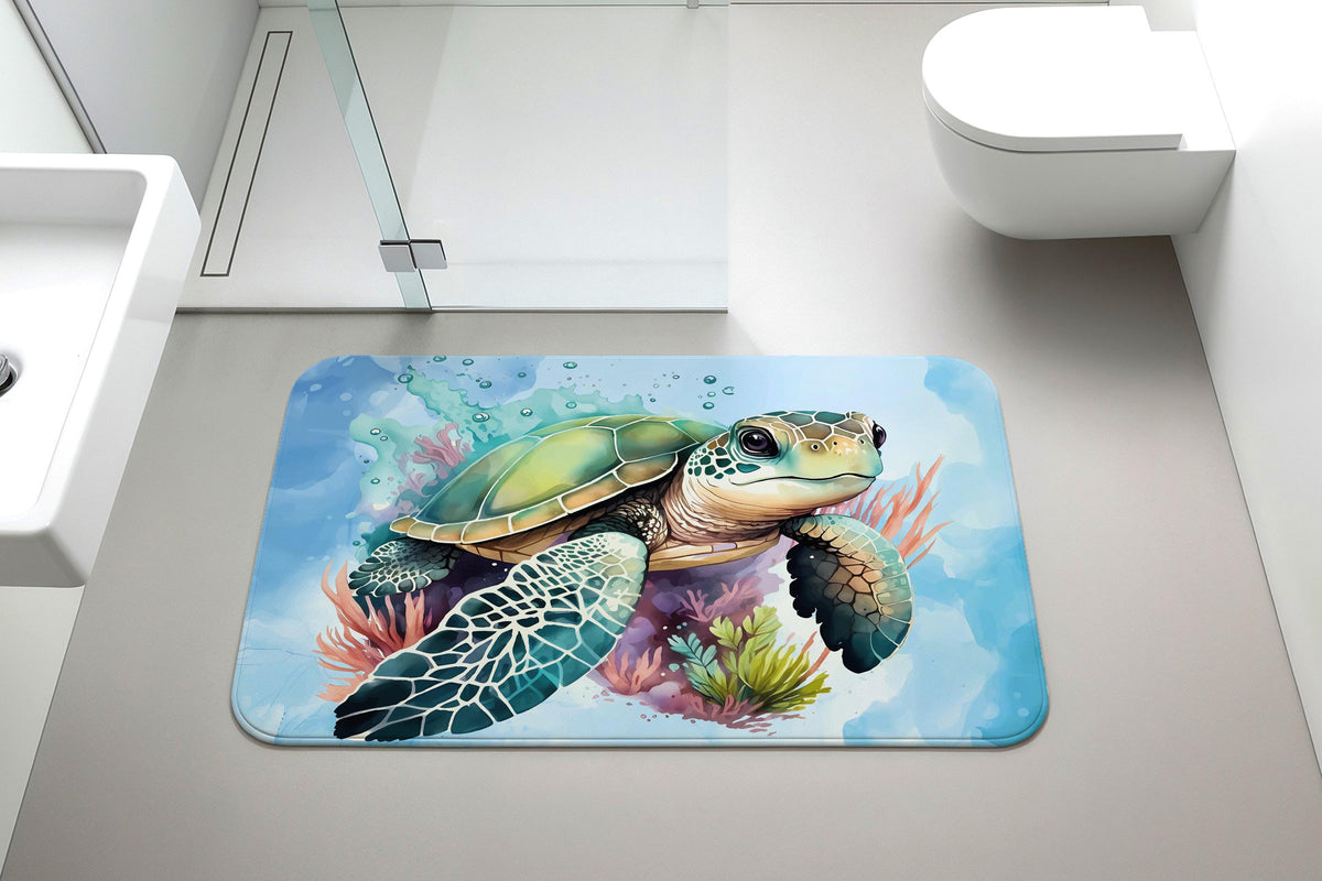 Sea Turtle Bath Mat, Coastal Ocean Animal Bathroom Rug, Nautical Non-Slip Shower Mat