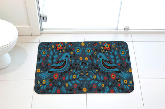 Folk Art Blue Bird Bath Mat, Bohemian Floral Pattern Bathroom Rug