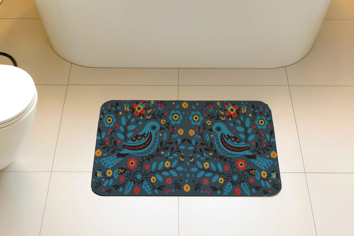 Folk Art Blue Bird Bath Mat, Bohemian Floral Pattern Bathroom Rug