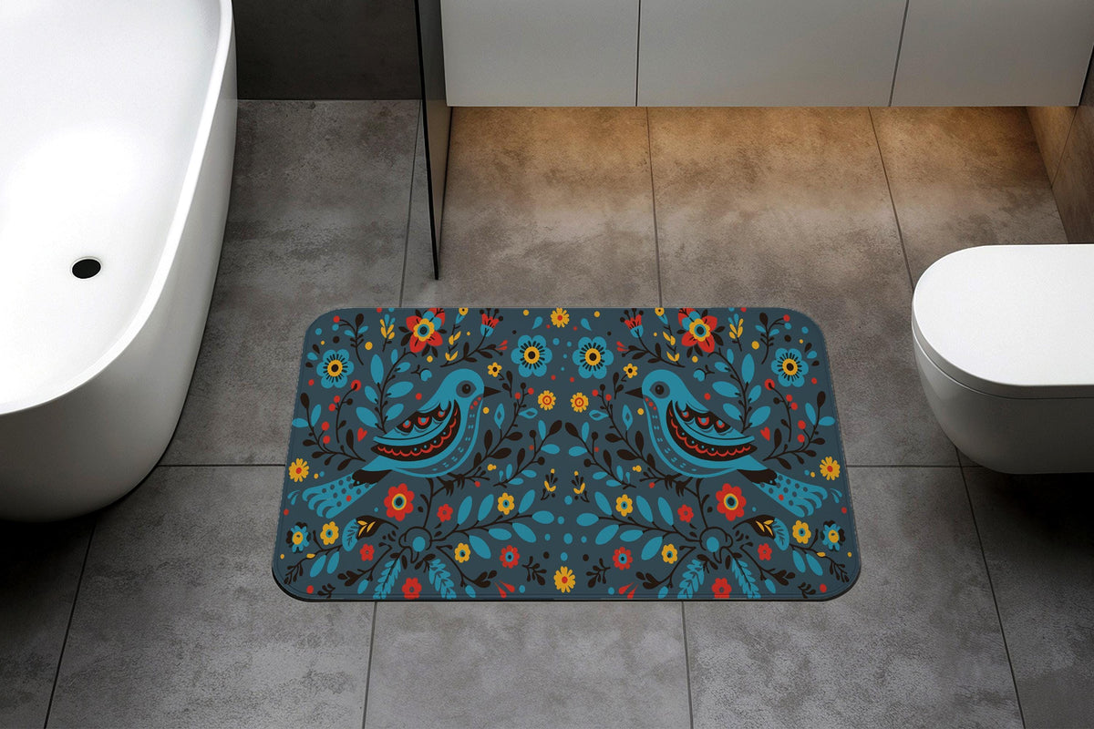 Folk Art Blue Bird Bath Mat, Bohemian Floral Pattern Bathroom Rug