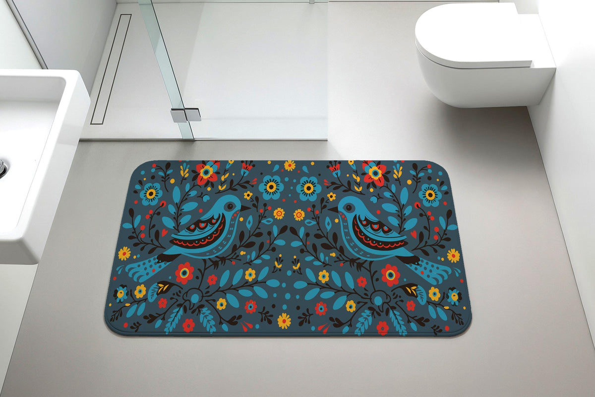 Folk Art Blue Bird Bath Mat, Bohemian Floral Pattern Bathroom Rug