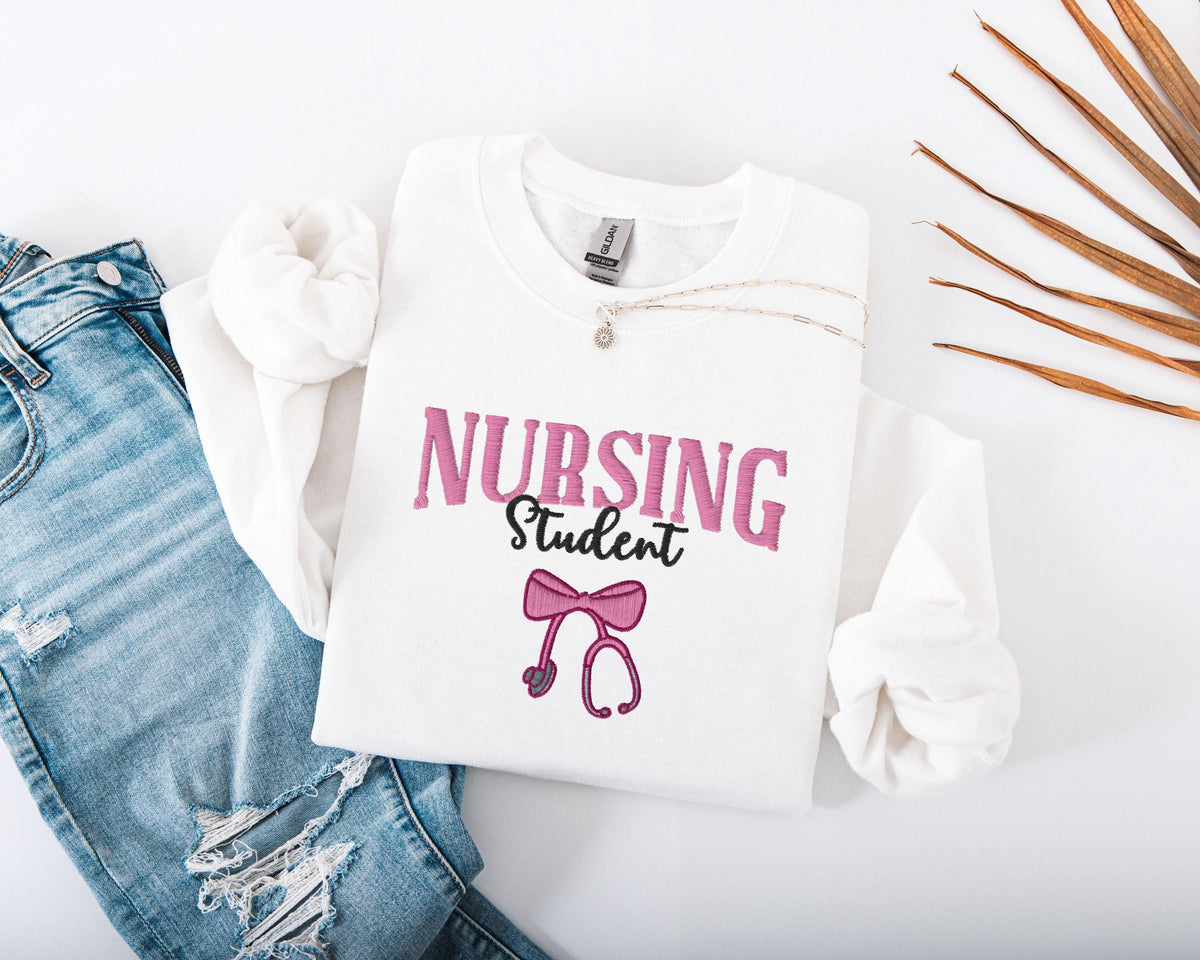 Embroidered Nursing Student Sweatshirt, Bow Stethoscope Sweater, Nursing School Grad Sweater, Future Nurse Embroidered Hoodie, Nurse Gift