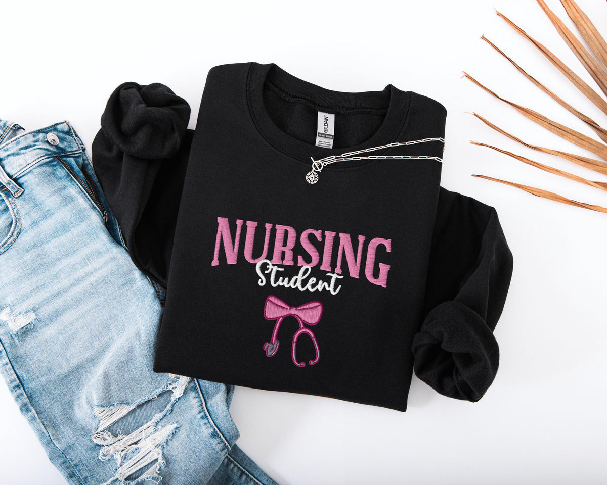 Embroidered Nursing Student Sweatshirt, Bow Stethoscope Sweater, Nursing School Grad Sweater, Future Nurse Embroidered Hoodie, Nurse Gift
