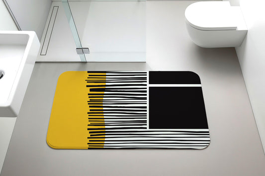 Modern Art Bathroom Mat, Yellow & Black Geometric Bathroom Rug, Abstract Line Art Shower Mat