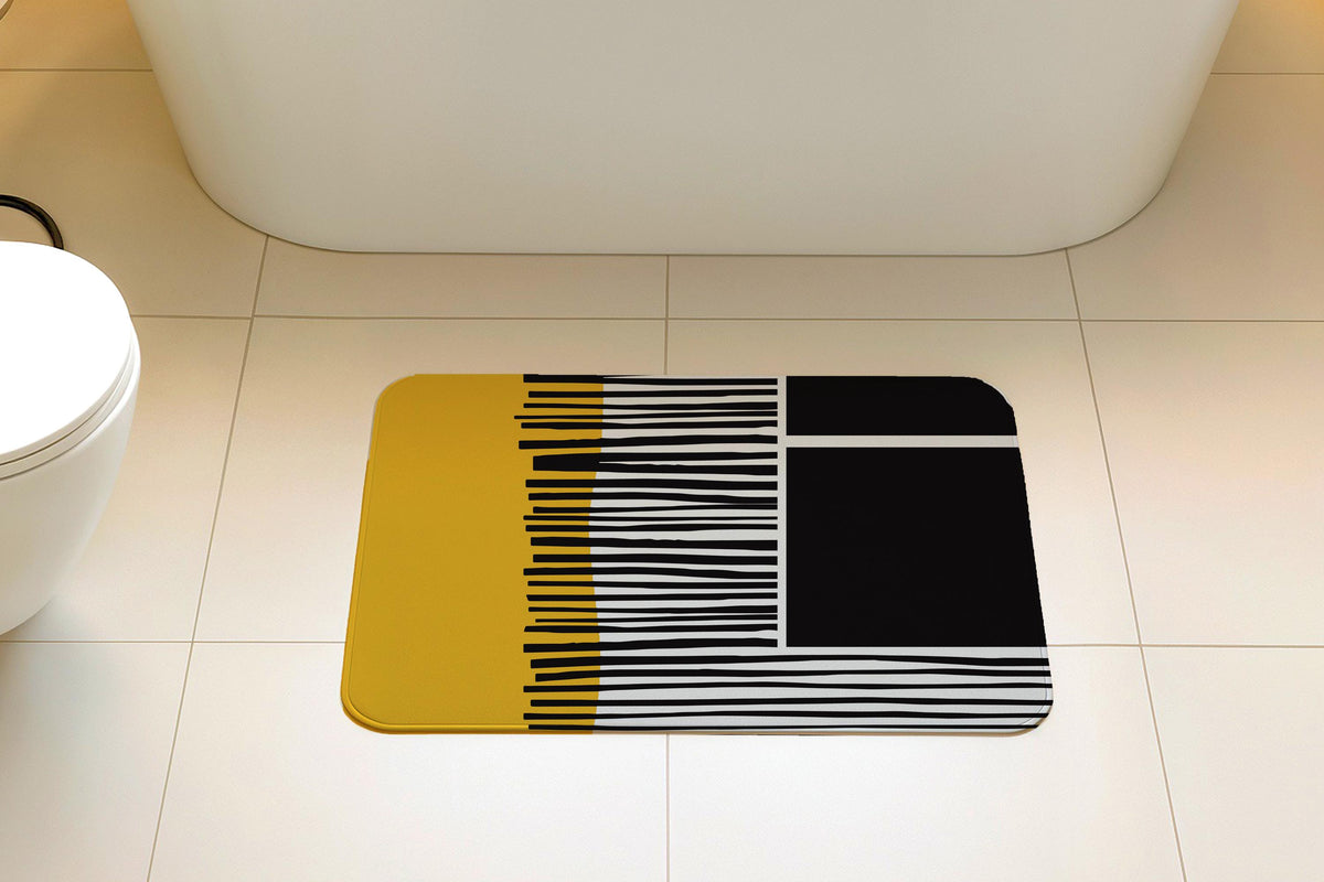 Modern Art Bathroom Mat, Yellow & Black Geometric Bathroom Rug, Abstract Line Art Shower Mat