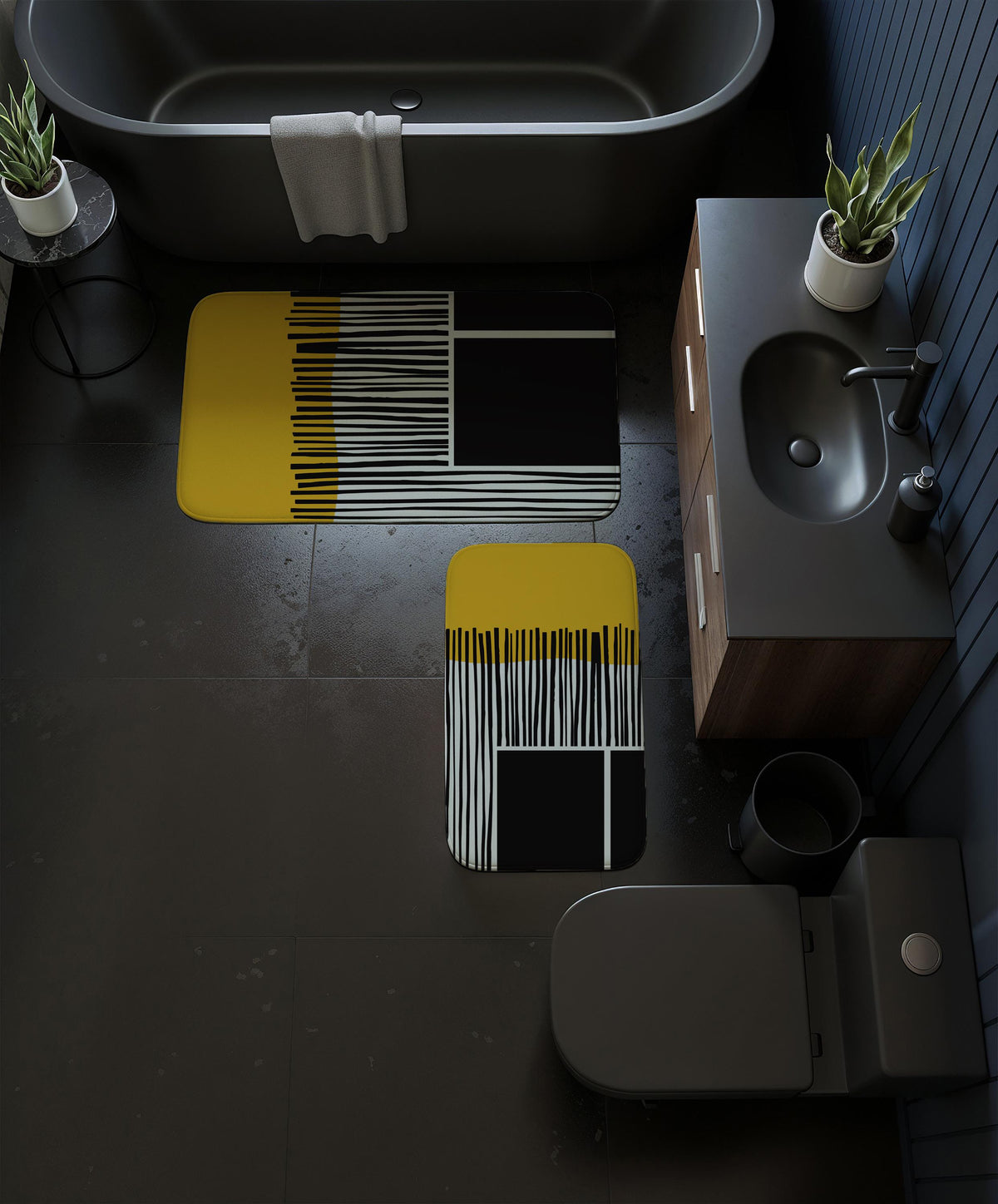 Modern Art Bathroom Mat, Yellow & Black Geometric Bathroom Rug, Abstract Line Art Shower Mat