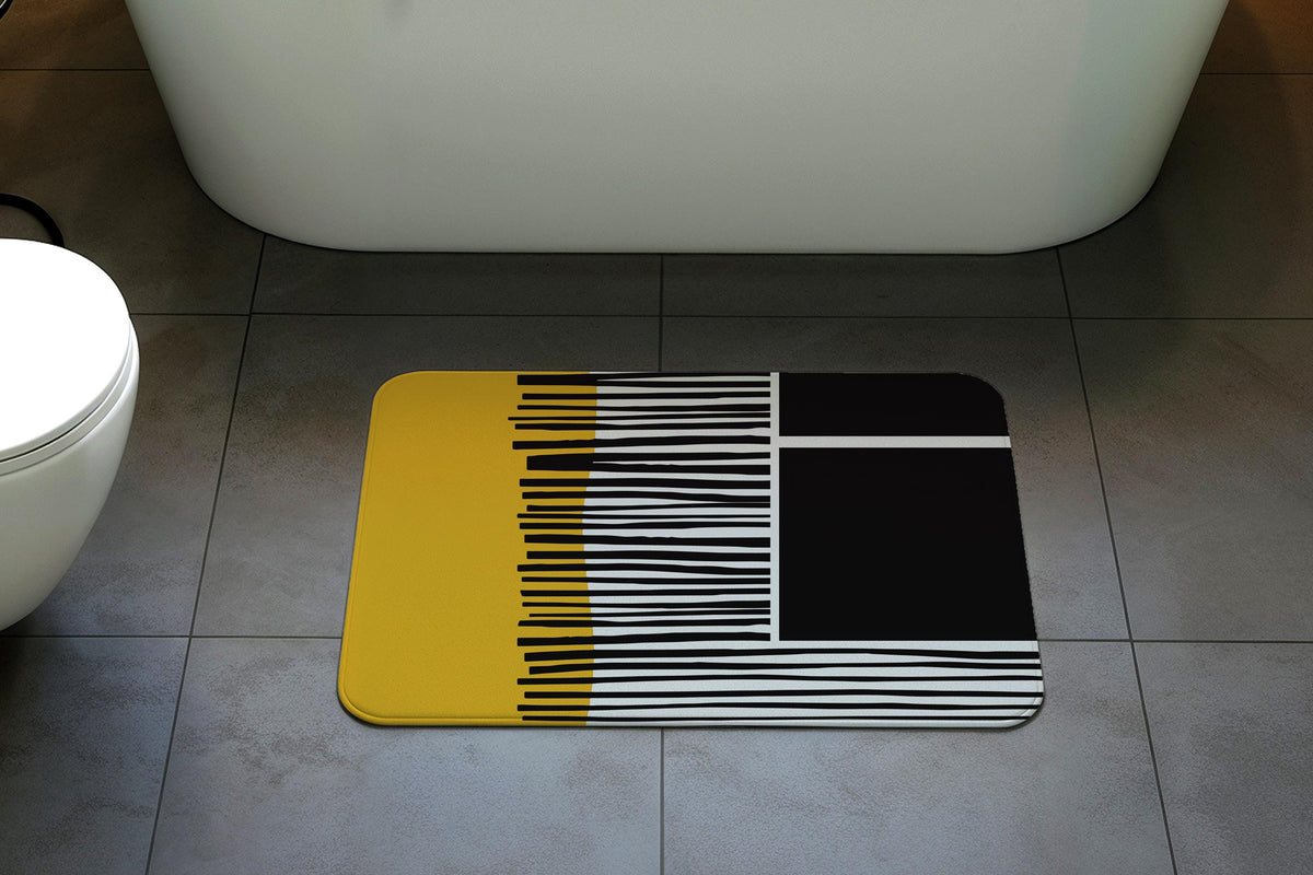 Modern Art Bathroom Mat, Yellow & Black Geometric Bathroom Rug, Abstract Line Art Shower Mat
