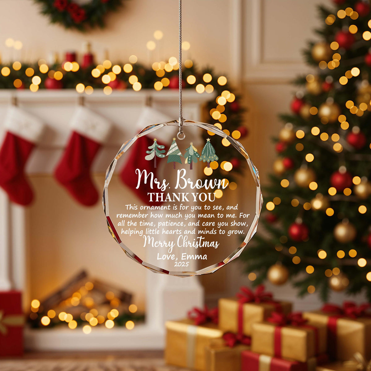 Personalized Merry Christmas Teacher Ornament, Thank You Glass Keepsake