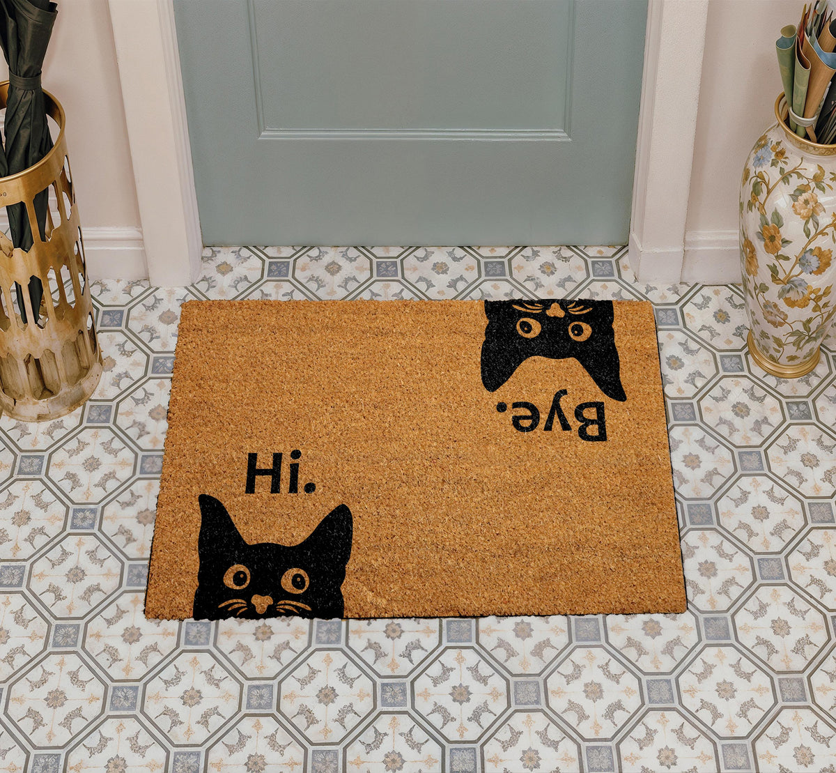 Hi Bye Black Cat Doormat, Natural Coir Fiber Entryway Rug
