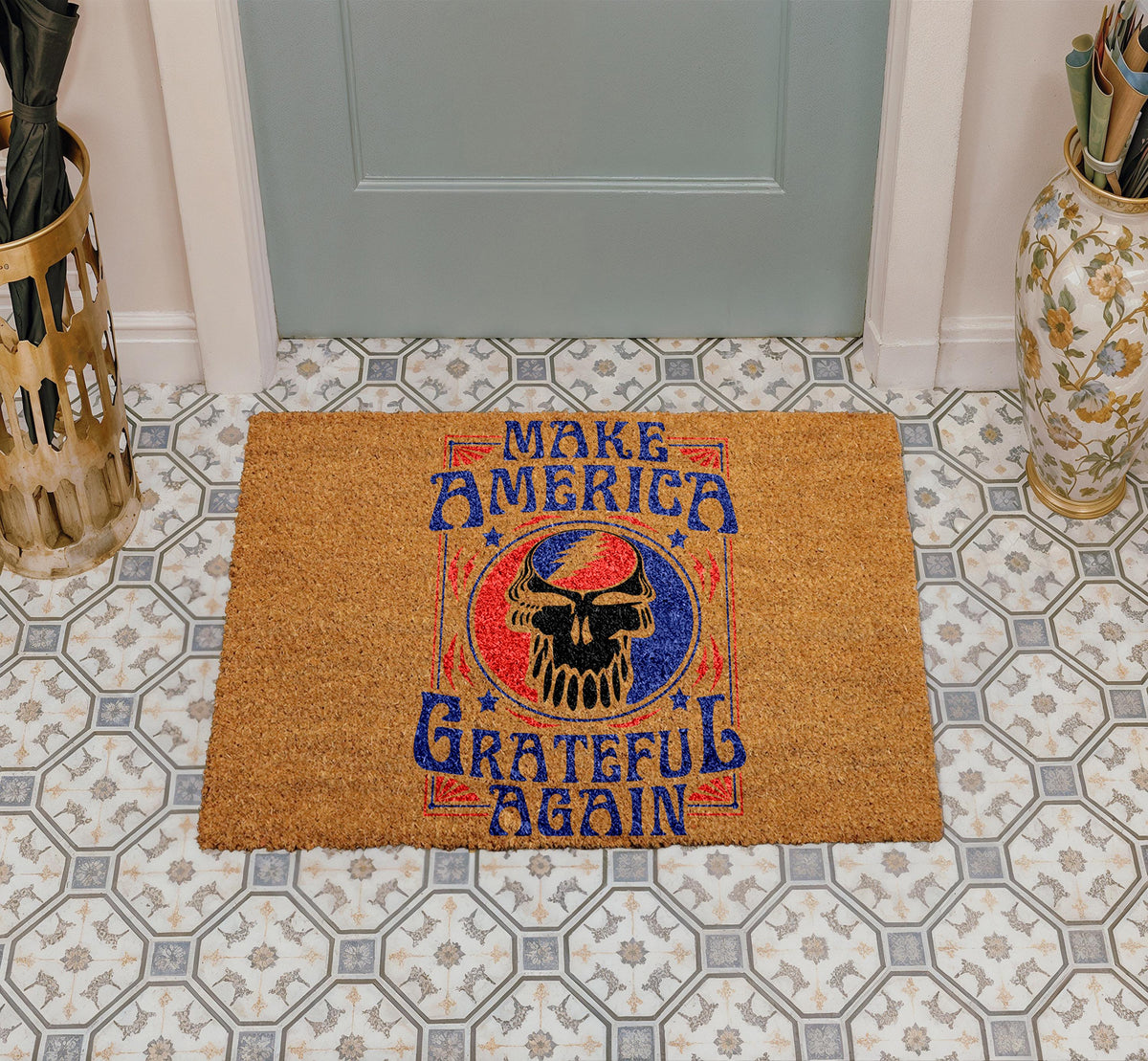 Make America Grateful Again Coco Doormat, Stealie Skull Coir Door Mat, Music Lover Welcome Mat