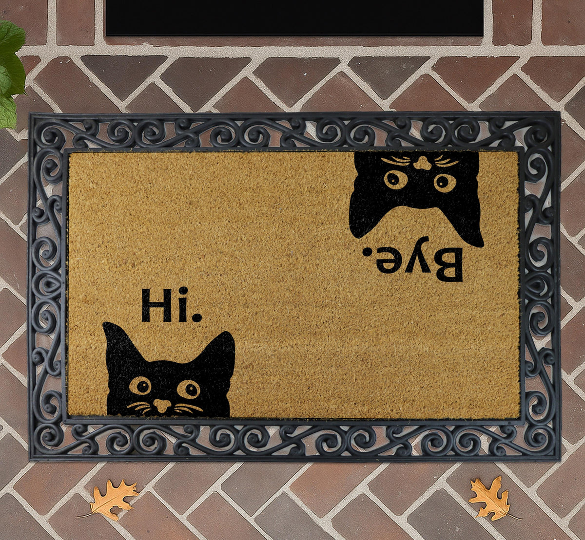 Hi Bye Black Cat Doormat, Natural Coir Fiber Entryway Rug
