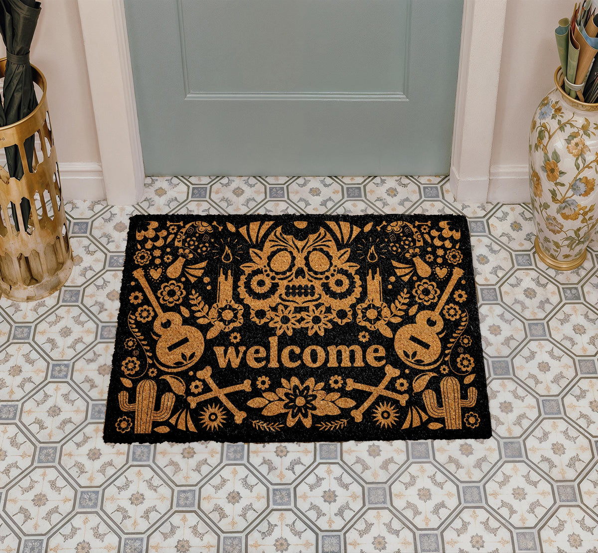 Sugar Skull Doormat, Mexican Folk Art Halloween Home Decor, Dia de los Muertos Welcome Mat