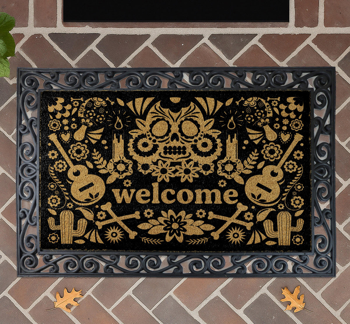 Sugar Skull Doormat, Mexican Folk Art Halloween Home Decor, Dia de los Muertos Welcome Mat