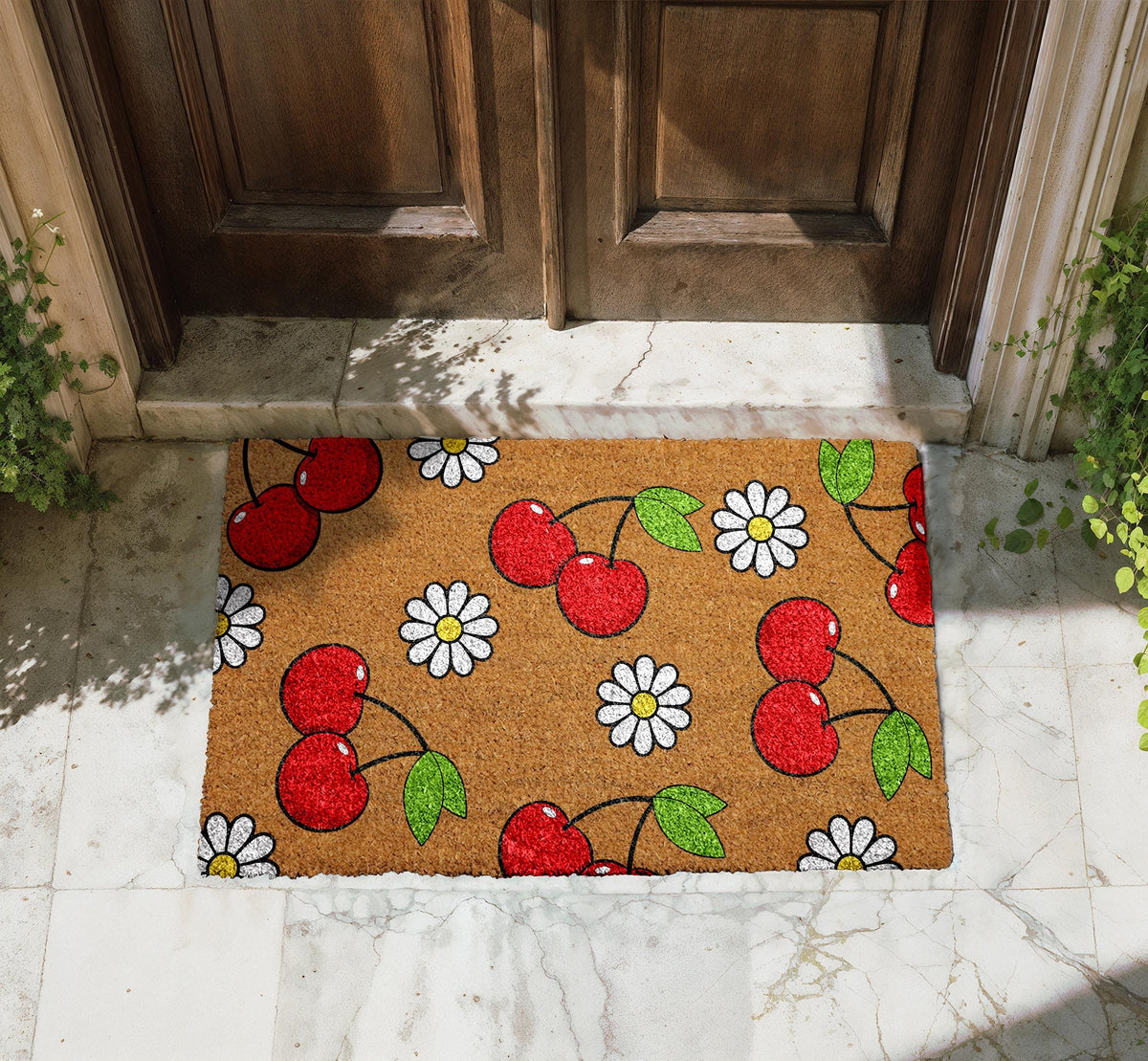 Cherry and Daisy Doormat, Sweet Summer Welcome Mat, Unique Spring Home Decor