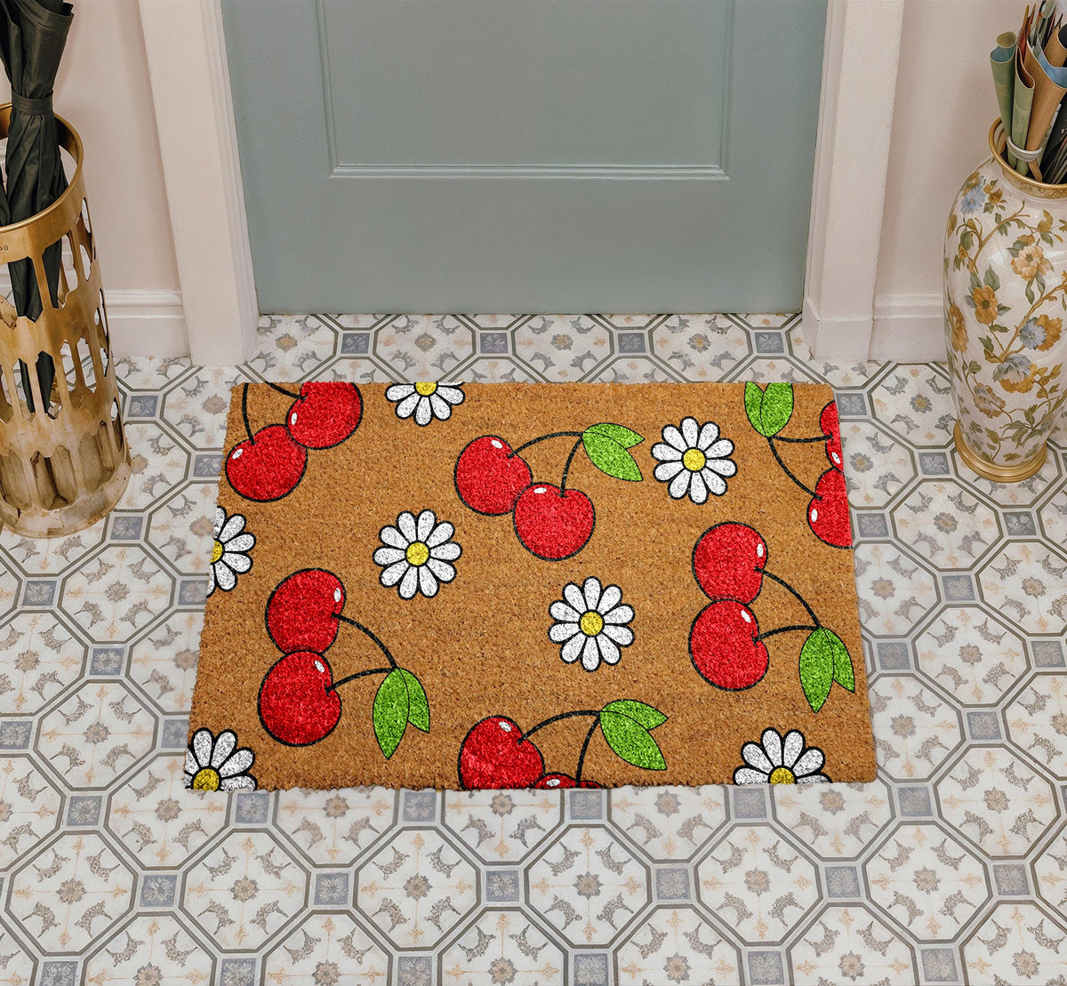 Cherry and Daisy Doormat, Sweet Summer Welcome Mat, Unique Spring Home Decor