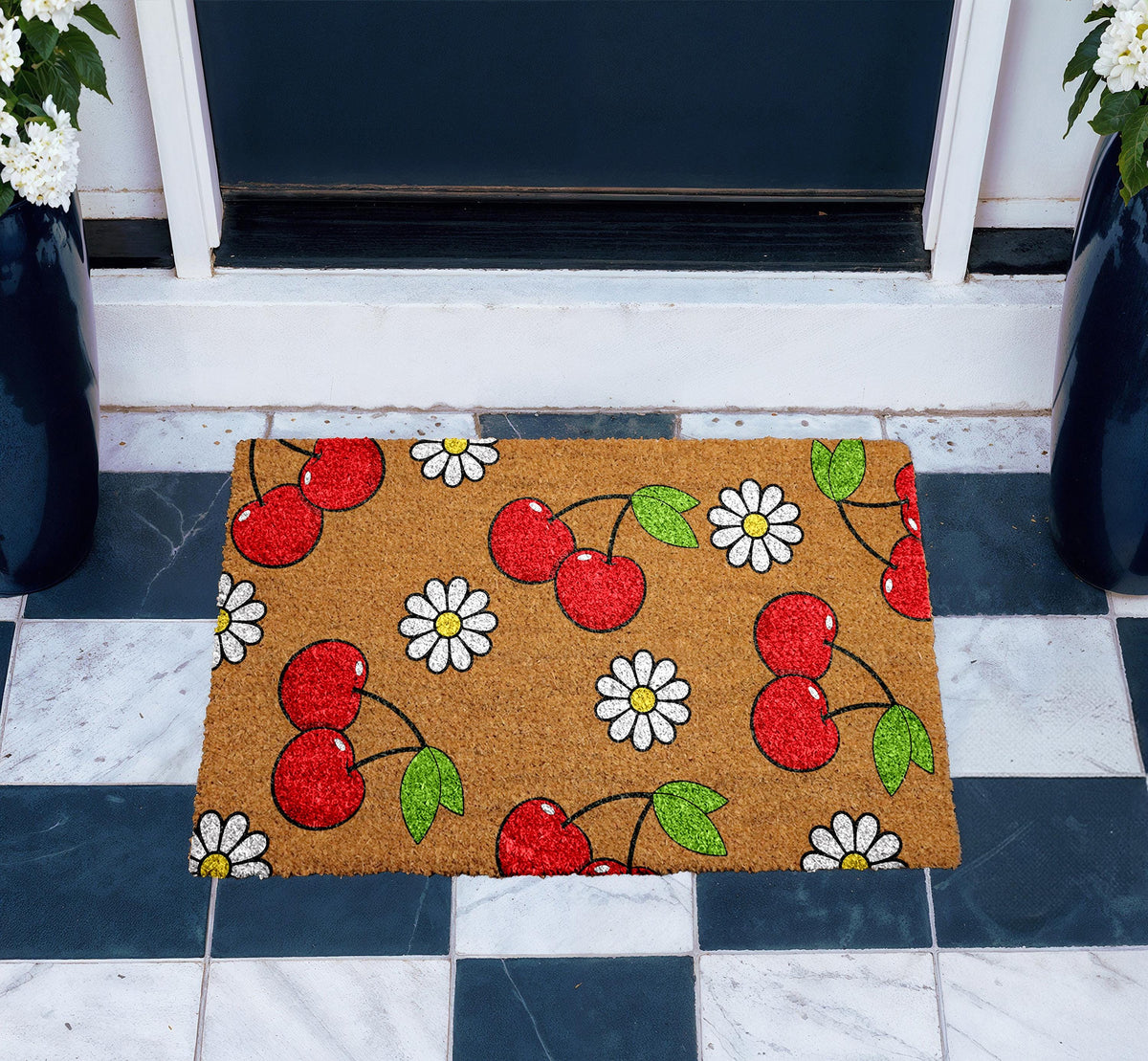 Cherry and Daisy Doormat, Sweet Summer Welcome Mat, Unique Spring Home Decor