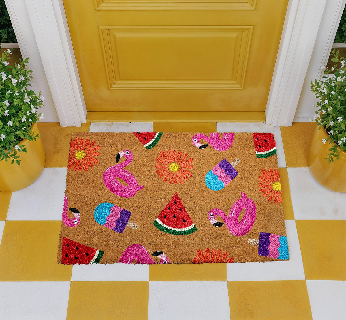 Summer Vibes Coco Doormat, Flamingo, Watermelon And Popsicle Themed Door Mat