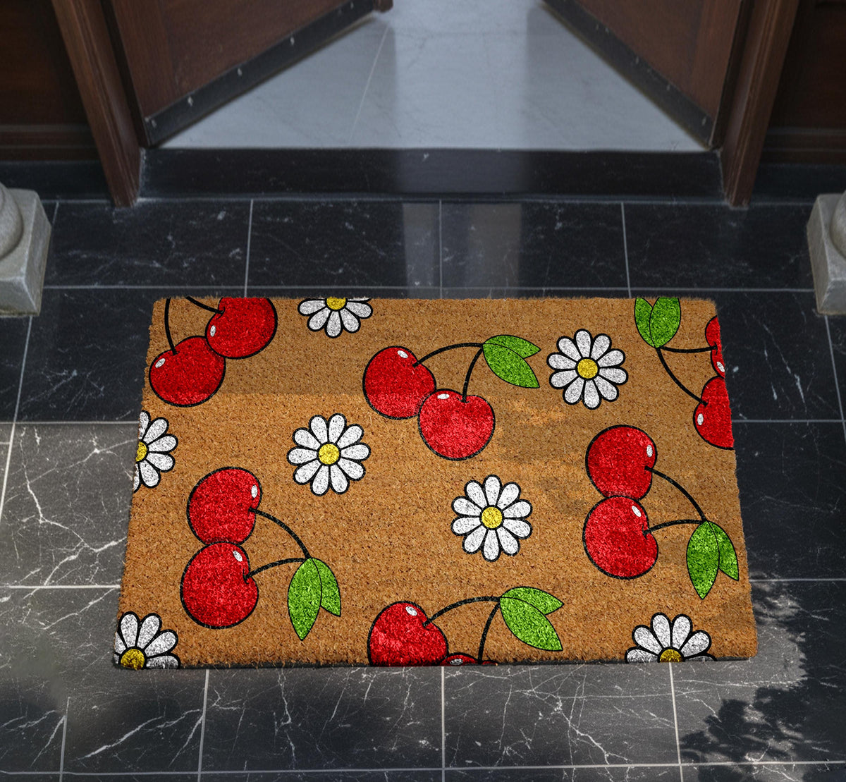 Cherry and Daisy Doormat, Sweet Summer Welcome Mat, Unique Spring Home Decor