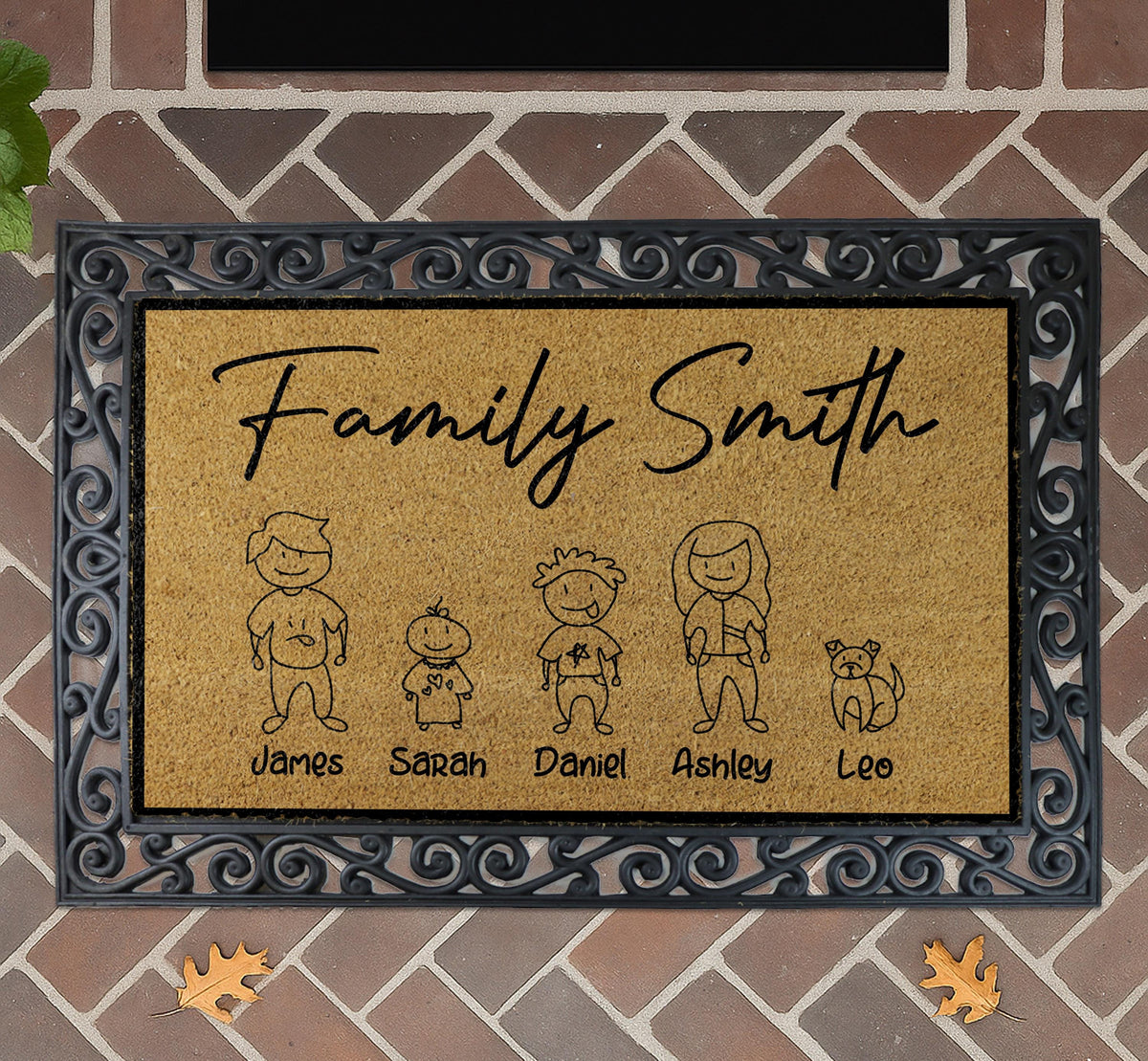 Custom Family Illustration Doormat, Last Name & Family Members Welcome Mat