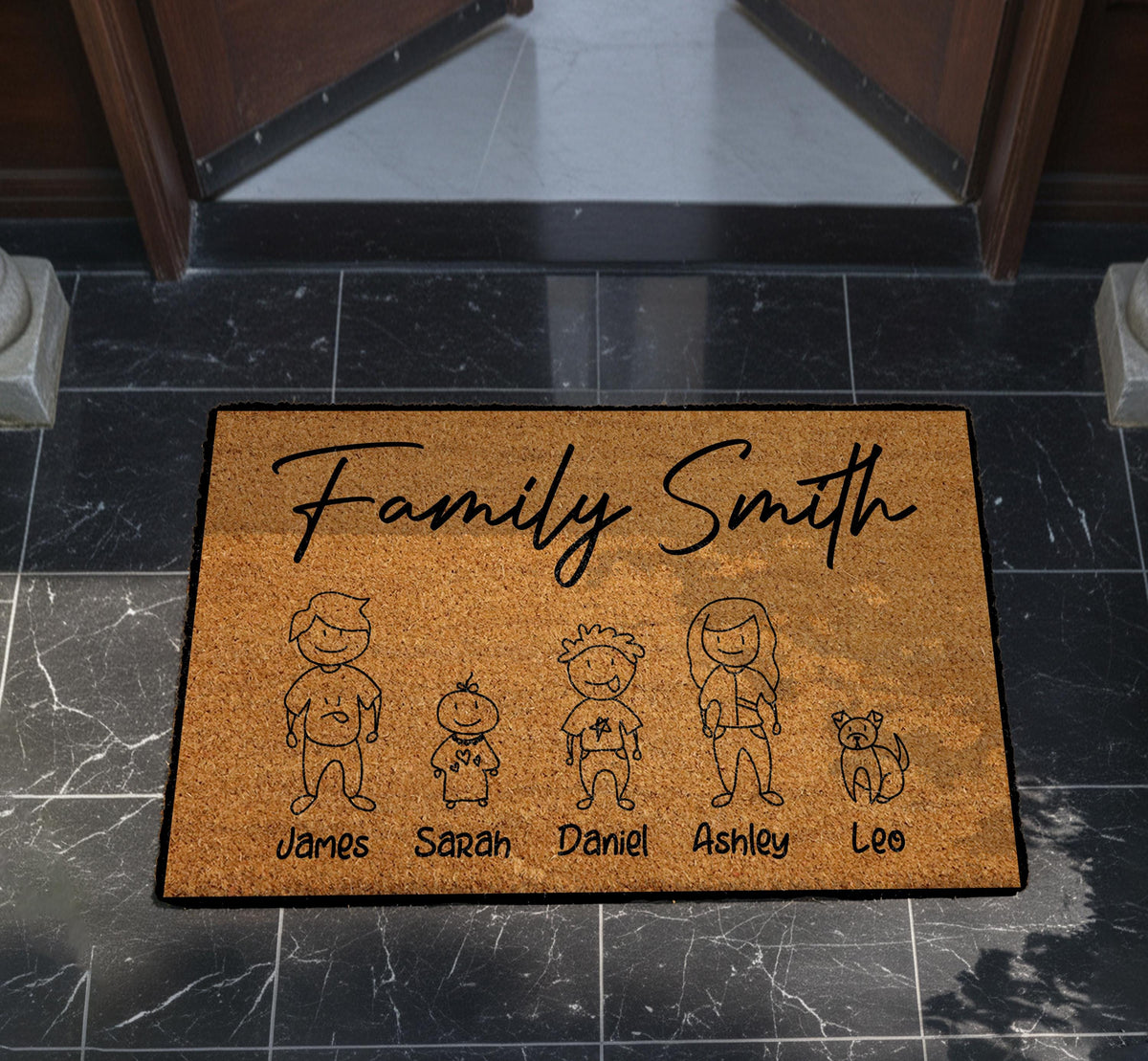 Custom Family Illustration Doormat, Last Name & Family Members Welcome Mat