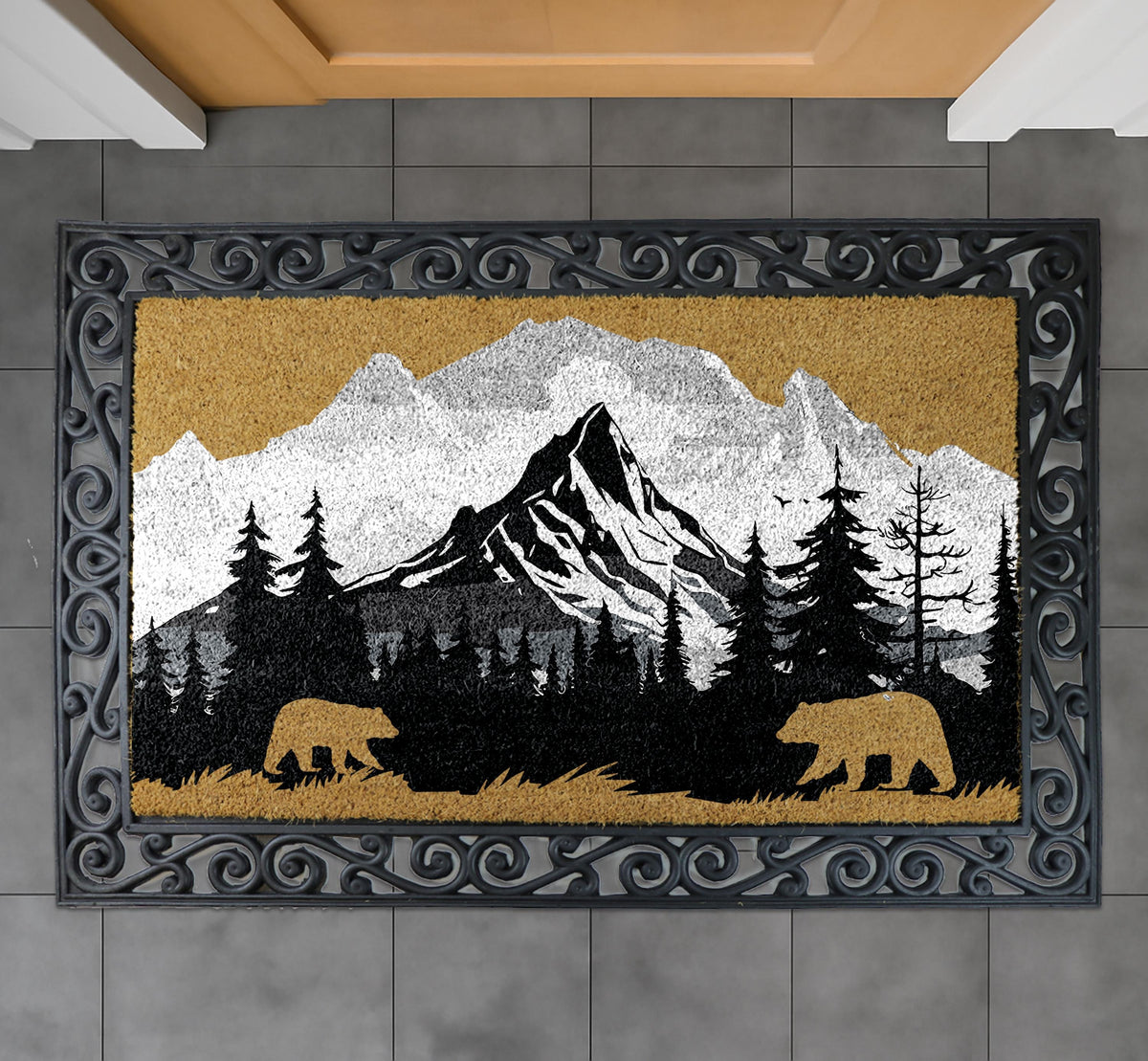 Mountain & Bear Doormat, Wilderness Home Decor, Woodland Welcome Mat, Nature Lover Gift