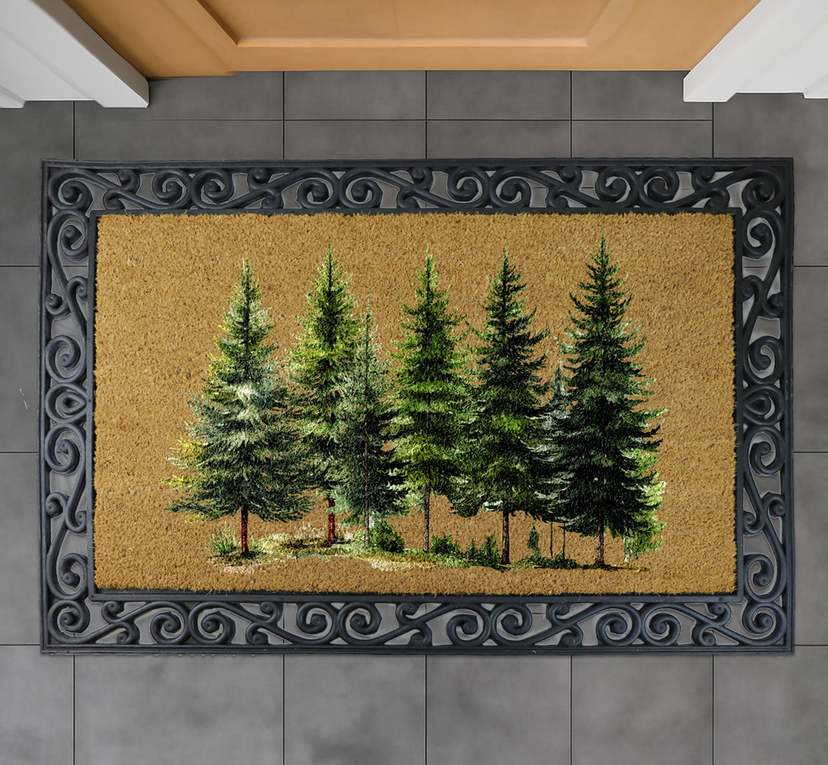 Pine Tree Forest Doormat, Christmas Tree Welcome Mat, Evergreen Woodland Xmas Decor