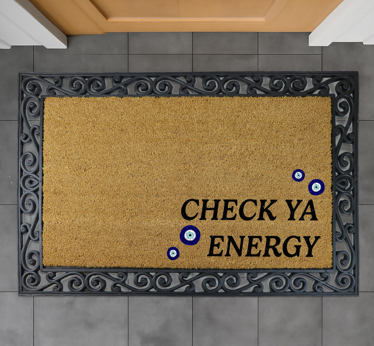 Check Ya Energy Doormat, Evil Eye Welcome Mat, Spiritual Home Decor, Good Vibes Front Porch Rug